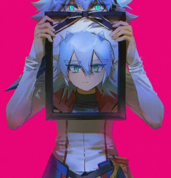 1boy alien_888 antenna_hair belt black_shirt blue_belt blue_bow blue_hair bow coat covering_face covering_own_face covering_own_mouth cowboy_shot facing_viewer green_eyes hair_between_eyes hair_slicked_back head_out_of_frame headphones high_contrast holding holding_picture_frame light_smile long_sleeves looking_ahead male_focus open_clothes open_coat picture_frame pink_background popped_collar portrait scabbard sheath shirt shoulder_pads single_shoulder_pad white_coat yu-gi-oh! yu-gi-oh!_go_rush!! yudias_velgear