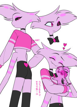 1boy ^_^ absurdres affectionate angel_dust animal ass black_bow black_bowtie black_choker black_sclera black_shorts black_thighhighs bow bowtie brooch choker cleavage_cutout closed_eyes closed_mouth clothing_cutout colored_sclera commentary_request cowboy_shot cropped_head extra_arms eyeshadow facial_mark fang fat_nuggets from_behind from_below frown furry furry_male hand_on_own_hip hand_up hazbin_hotel heart heart_cutout hellaverse high-waist_shorts highres holding holding_animal jewelry long_sleeves looking_ahead looking_at_viewer looking_back makeup male_focus menma_(enaic31) midriff mismatched_sclera pig pink_eyes pink_eyeshadow pink_fur pink_shirt profile puffy_long_sleeves puffy_sleeves raised_eyebrow shirt short_shorts shorts signature smile standing thighhighs traditional_bowtie translation_request two-tone_fur two-tone_shirt upper_body white_fur white_shirt