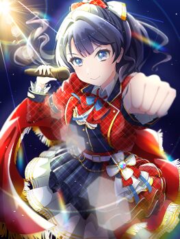 >:) 1girl 5th_live_tour_~4pair_power_spread!!!!~ absurdres black_vest blue_eyes blue_hair blue_skirt bow bowtie closed_mouth collared_shirt commentary cowboy_shot hair_bow highres jacket lens_flare link!_like!_love_live! long_sleeves looking_at_viewer love_live! murano_sayaka open_clothes open_jacket plaid_clothes plaid_jacket plaid_skirt ponytail red_bow red_bowtie red_jacket red_skirt shirane_nanimo shirt skirt smile solo split_mouth taiyou_de_are! v-shaped_eyebrows vest white_shirt