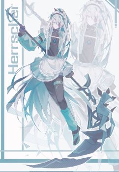 1boy absurdly_long_hair adapted_costume ahoge ainchase_ishmael alternate_costume apron artist_name asymmetrical_sidelocks back_bow black_bow black_pants black_shirt bow character_name choker closed_mouth colored_extremities commentary_request cropped_jacket crossdressing crossdressing_(mtf) detached_sleeves elsword enmaided expressionless eyepatch frilled_apron frills full_body green_bow green_choker green_hair green_jacket green_leg_warmers green_skirt grey_hair hair_bow hair_over_one_eye heart heart_choker herrscher_(elsword) high_ponytail highres holding holding_scythe holding_weapon jacket korean_commentary leg_warmers long_hair long_sleeves looking_at_viewer maid maid_apron maid_headdress male_focus male_maid multicolored_eyes multicolored_hair naki_(naki_02) open_clothes open_jacket outline pants pants_under_skirt petticoat ponytail purple_hands ringed_eyes scythe shirt sidelocks simple_background skirt solo thigh_strap trap twitter_username two-tone_eyes two-tone_hair very_long_hair waist_apron weapon white_apron white_outline zoom_layer