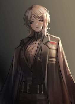 1girl belt black_belt black_coat black_pants black_vest blue_eyes brown_sweater closed_mouth coat coat_on_shoulders dolsig_ilangnolja expressionless faust_(project_moon) limbus_company pants project_moon protected_link ribbed_sweater short_hair solo sweater vest white_hair