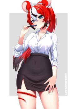 1girl absurdres alternate_costume animal_ear_fluff animal_ears black_hair black_skirt black_streaks blue_eyes breasts cleavage collarbone collared_shirt commentary covered_navel cowboy_shot deep_skin double-parted_bangs fingernails hair_between_eyes hakos_baelz hand_on_own_leg highres holding holding_pen hololive hololive_english long_fingernails long_hair looking_at_viewer medium_breasts mouse_ears mouse_tail multicolored_hair office_lady pen pen_in_mouth pencil_skirt ponytail red_hair shirt skirt solevisionarts standing tail tail_around_own_leg tail_wrap thighs twitter_username virtual_youtuber white_background white_hair white_shirt