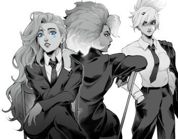 3girls black_necktie black_suit blue_eyes business_suit chair commentary dark_skin english_commentary facial_mark formal_clothes green_(greeniris) greyscale highres jacket jewelry league_of_legends long_hair monochrome multiple_girls necktie on_chair rell_(league_of_legends) ring riven_(league_of_legends) scar scar_on_face seraphine_(league_of_legends) short_hair simple_background sitting spot_color suit suit_jacket white_background white_hair