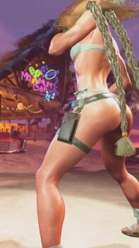 1girl 3d alternate_color alternate_costume animated antenna_hair arms_up ass bare_shoulders beach bikini blonde_hair blue_eyes braid breasts cammy_white capcom female_focus from_behind full_body game_screenshot green_bikini hat highres huge_ass leotard lips long_hair medium_breasts official_alternate_color official_alternate_costume outdoors perspective red_hat ryona shiny_clothes simple_background solo sound standing straw_hat street_fighter street_fighter_6 stretching swimsuit thighs third-party_edit thong thong_bikini thong_leotard twin_braids very_long_hair video video_game_screencap wide_hips
