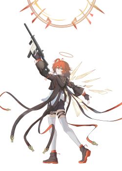 1girl absurdres ahoge ankle_boots arknights arm_up black_boots black_gloves black_shorts boots brown_halo closed_mouth colored_shoe_soles detached_wings exusiai_(arknights) exusiai_the_new_covenant_(arknights) fingerless_gloves full_body gloves grey_thighhighs gun hair_between_eyes halo highres holding holding_gun holding_weapon kaera kriss_vector light_smile medium_hair multiple_thigh_straps one_side_up orange_hair outstretched_arms shoe_soles shorts simple_background solo standing submachine_gun thigh_strap thighhighs traditional_halo trigger_discipline w weapon white_background wings yellow_eyes