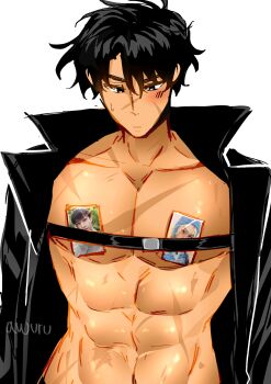 1boy :| abs absurdres areuwuu black_coat black_eyes black_hair blush chest_belt closed_mouth coat highres male_focus omniscient_reader&#039;s_viewpoint open_clothes open_coat pasties pectorals photo_inset popped_collar real_life scar scar_on_face scar_on_nose short_hair solo toned toned_male upper_body yoo_joonghyuk