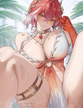 1girl alternate_breast_size_(larger) bare_shoulders body_markings braid breasts changli_(laurel_nymph)_(wuthering_waves) changli_(wuthering_waves) cleavage colored_extremities commentary dated hair_between_eyes hair_extensions highres huge_breasts jewelry laurel_crown long_hair looking_at_viewer multicolored_hair official_alternate_costume outdoors parted_lips partially_visible_vulva pink_hair red_hands ring_hair_extensions sadiwosan smile solo spread_legs tacet_mark_(wuthering_waves) thighlet thighs twitter_username two-tone_hair wet white_hair wuthering_waves yellow_eyes