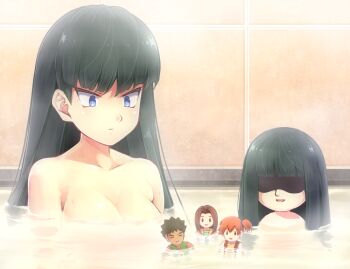 Rule 34 | 1boy, 1girl, alternate form, bath, bathing, bathroom, blue eyes, blunt bangs, breasts, brock (pokemon), brown hair, captured, character doll, collarbone, doll, dual persona, expressionless, green hair, gym leader, hidden eyes, indoors, irony, komimiyako, long hair, looking down, misty (pokemon), mixed-sex bathing, mother and daughter, nintendo, nude, open mouth, orange hair, partially submerged, playing, pokemon, pokemon (anime), pokemon (classic anime), sabrina's doll, sabrina's mother (pokemon), sabrina (pokemon), shaded face, shared bathing, short hair, side ponytail, smile, tile wall, tiles, upper body, water, wet