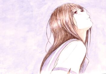 1girl absurdres bbmasa black_hair blue_sailor_collar closed_mouth commentary_request from_side hibike!_euphonium highres kitauji_high_school_uniform liz_to_aoi_tori long_hair looking_up red_eyes sailor_collar school_uniform shirt solo traditional_media upper_body white_shirt yoroizuka_mizore