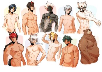 6+boys abs absurdres ahoge android anton_ivanov asaba_harumasa bear_boy ben_bigger billy_kid blonde_hair dog_boy fat furry highres hugo_vlad komano_manato large_pectorals lighter_(zenless_zone_zero) male_focus mask multicolored_hair multiple_boys muscular muscular_male navel nifast_(greentail) nipples pale_skin pectorals ponytail scar scar_on_chest scar_on_shoulder seth_lowell streaked_hair toned toned_male von_lycaon white_hair wise_(zenless_zone_zero) wolf_boy zenless_zone_zero