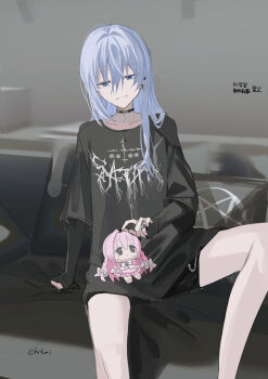1girl arm_support black_nails black_shirt black_shorts blue_eyes blue_hair character_doll chihuri collarbone commentary_request cross doll ende_(chihuri) feet_out_of_frame hair_between_eyes hair_intakes highres indoors inverted_cross jewelry latin_cross layered_sleeves long_hair nail_polish nea_(chihuri) original pentagram pink_hair purple_eyes ring shirt shorts signature sitting solo sweat