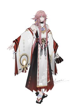 1boy absurdres alternate_costume alternate_universe animal_ears aoma_(xuanzexuexi) black_hakama black_sandals chinese_commentary closed_mouth detached_sleeves earrings floppy_ears flower_knot folding_fan fox_boy fox_ears full_body genderswap genderswap_(ftm) genshin_impact geta gradient_clothes hair_between_eyes hakama hand_fan highres holding holding_fan japanese_clothes jewelry kariginu long_hair long_sleeves looking_at_viewer male_focus muscular muscular_male nontraditional_miko outstretched_arm pendant pink_hair purple_eyes sandals sidelocks signature simple_background sleeveless smile solo standing white_background wide_sleeves yae_miko