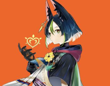 1boy absurdres animal_ear_fluff animal_ear_piercing animal_ears arm_up black_gloves blunt_ends commentary_request drawstring earrings flower genshin_impact gloves green_hair hair_between_eyes heart highres hood hood_down jewelry looking_at_viewer looking_to_the_side male_focus multicolored_eyes orange_background parted_hair short_hair short_sleeves single_earring solo tassel tighnari_(genshin_impact) upper_body yellow_flower yoko_(nz_g)
