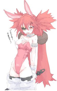 1girl absurdres alternate_costume animal_ear_hairband animal_ears blush breasts collar commentary_request cowboy_shot eyepatch fake_animal_ears hair_between_eyes hair_ornament hairband highres koleda_belobog leotard long_hair looking_at_viewer metal_collar mocamocaink open_mouth pink_leotard playboy_bunny rabbit_ear_hairband rabbit_ears red_eyes red_hair simple_background small_breasts solo sphere_hair_ornament strapless strapless_leotard translation_request white_background white_wrist_cuffs wrist_cuffs zenless_zone_zero