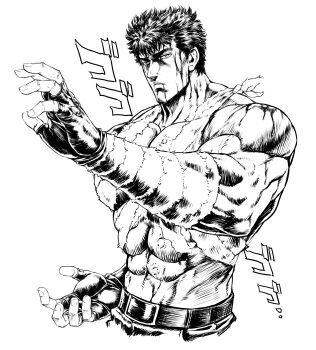 Rule 34 | 1boy, bandages, belt, blood, fighting stance, fingerless gloves, gloves, highres, hokuto no ken, kenshiro, male focus, mogudan, monochrome, muscular, scar, serious, short hair, solo, tagme, upper body