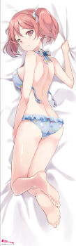 029 1girl absurdres ass back barefoot bikini blush breasts brown_eyes brown_hair closed_mouth dakimakura_(medium) frilled_bikini frills from_above full_body hair_between_eyes hair_ribbon hataraku_maou-sama! highres large_breasts looking_at_viewer lying median_furrow official_art on_bed on_stomach raised_inner_eyebrows ribbon sasaki_chiho short_hair short_twintails shoulder_blades soles solo swimsuit thighs third-party_source twintails wavy_mouth white_ribbon