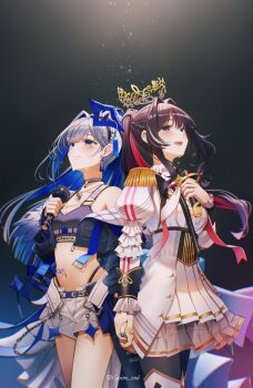 Rule 34 | 2girls, amane kanata, amane kanata (lock on), angel wings, azki (hololive), azki (prima diva) (hololive), black choker, black hair, black jacket, black pantyhose, black sports bra, blue hair, blue wings, braid, breasts, casino (casinoep), center frills, choker, closed mouth, coat, colored inner hair, colored skin, commentary request, corset, criss-cross straps, crown, crying, dog tags, double-parted bangs, dress, epaulettes, feathered wings, flat chest, floating crown, frilled sleeves, frills, gold trim, gradient wings, grey hair, hair intakes, hair ornament, hairclip, half up braid, halo, highleg, highleg panties, highres, holding, holding hands, holding microphone, hololive, jacket, juliet sleeves, long hair, long sleeves, medium breasts, microphone, mini wings, multicolored hair, multicolored wings, multiple girls, navel, o-ring, o-ring choker, off shoulder, official alternate costume, official alternate hairstyle, open mouth, panties, panty straps, pantyhose, pink hair, pink streaks, pleated dress, ponytail, puffy sleeves, purple eyes, quilted jacket, shirt, short dress, short shorts, shorts, showgirl skirt, sidelocks, single hair intake, sports bra, star halo, streaked hair, streaming tears, swept bangs, tears, tilted halo, underwear, very long hair, virtual youtuber, white coat, white dress, white shirt, white shorts, white skin, white streaks, white wings, wings