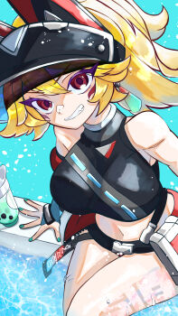 1girl absurdres animal_ears bare_shoulders baseball_cap blonde_hair blue_nails bottomless breasts brown_eyes bubble_tea crop_top detached_sleeves earrings facial_mark fox_ears grin hat highres jewelry kawaguti_kappa kiriko_(overwatch) large_breasts looking_at_viewer midriff official_alternate_costume overwatch ponytail poolside single_detached_sleeve single_earring smile streetwear_kiriko swimsuit thighs