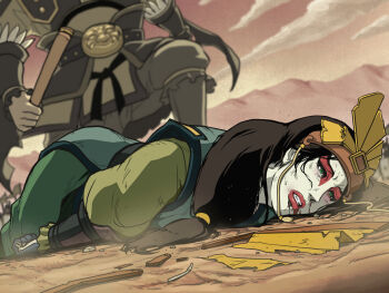 1boy 1girl abuse after_battle avatar:_the_last_airbender avatar_legends bad_end battle battle_damage battlefield beaten bleeding blood blood_from_mouth blood_on_face blush broken broken_weapon brown_hair bruise bruise_on_face clenched_hand clenched_teeth defeat dirty dirty_clothes facepaint feet_out_of_frame flag from_below gloves green_eyes green_kimono hand_fan head_out_of_frame headdress horrified imminent_rape injury japanese_clothes kimono kyoshi_(avatar) lipstick long_hair low_ponytail lying makeup mature_female muscular muscular_female nosebleed on_ground on_stomach out_of_frame pain peril ponytail red_lips ryona sad scared scratches tare-katsu teeth violence warrior weapon