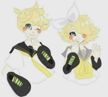 1boy 1girl aqua_eyes black_collar blonde_hair blue_eyes blush bow brother_and_sister collar detached_sleeves gasp ghostandpals grey_collar hair_bow hair_over_one_eye kagamine_len kagamine_rin looking_at_viewer necktie ribbon sailor_collar sailor_senshi_uniform shirt short_hair siblings sleeveless smile third-party_source twins vocaloid white_background white_bow white_shirt yellow_nails yellow_necktie