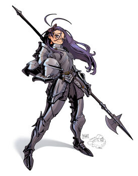 1girl ahoge antenna_hair armor clodsire detached_ahoge fang gauntlets glasses helmet highres indie_virtual_youtuber knight long_hair nintendo pikat pikat_(vtuber) pokemon polearm purple_eyes purple_hair shoulder_armor skin_fang standing unworn_headwear unworn_helmet virtual_youtuber weapon white_background