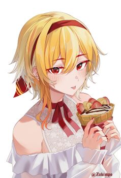 1girl :p alternate_costume blonde_hair choker commentary crepe double-parted_bangs food frilled_shirt_collar frills hair_between_eyes hairband hashibira_inosuke hashtag-only_commentary highres holding holding_crepe holding_food hololive hololive_indonesia kaela_kovalskia lace lace-trimmed_shirt lace_trim long_sleeves looking_at_viewer nail_polish off-shoulder_shirt off_shoulder puffy_long_sleeves puffy_sleeves red_eyes red_hairband red_nails ribbon_choker see-through_clothes see-through_sleeves shirt simple_background single_sidelock sleeves_past_wrists solo tongue tongue_out virtual_youtuber white_background white_shirt zakimpo