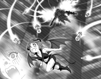 Rule 34 | armor, boots, commentary request, demon girl, demon horns, demon tail, demon wings, dual wielding, flying, full armor, greyscale, gun, harahachibu ajinosuke, helmet, high heel boots, high heels, holding, horns, light machine gun, m249 saw, machine gun, missile, monochrome, motion lines, original, pointy ears, power armor, projected inset, pump action, shotgun, spas-12, speed lines, tail, tears, weapon, wings