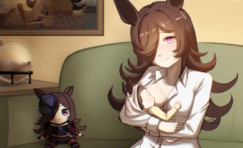 1boy 1girl absurdres animal_ears baby blue_flower blush breastfeeding breasts brown_hair carrying carrying_person closed_mouth collared_shirt commentary doll dress english_commentary flower hat hat_flower highres horse_ears horse_girl long_hair medium_breasts ngmq no_bra purple_dress purple_eyes purple_hat red_sleeves rice_shower_(rosy_dreams)_(umamusume) rice_shower_(umamusume) shirt smile umamusume white_shirt