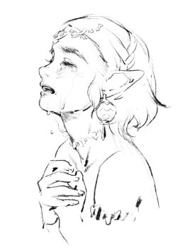 1girl aizheajsee earrings from_side greyscale hands_up jewelry monochrome nintendo open_mouth pointy_ears princess_zelda short_hair solo tears teeth the_legend_of_zelda the_legend_of_zelda:_tears_of_the_kingdom upper_teeth_only