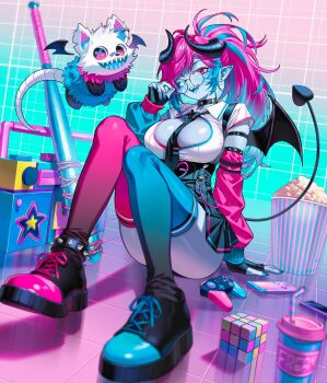 1girl absurdres ass asymmetrical_legwear bandaid bandaid_on_face bandaid_on_nose baseball_bat blue_eyes blue_hair blue_nails blue_skin blue_thighhighs blue_tongue breasts cellphone cleavage cleavage_cutout clothing_cutout collar colored_skin colored_tongue controller cup demon_girl demon_horns demon_tail demon_wings detached_sleeves drinking_straw eigoni fingerless_gloves food fream_(vtuber) game_controller glasses gloves heterochromia high-waist_skirt highres horns indie_virtual_youtuber large_breasts looking_at_viewer mismatched_legwear mismatched_thighhighs multicolored_hair necktie phone pink_eyes pink_hair pink_thighhighs pointy_ears ponytail popcorn round_eyewear rubik's_cube sharp_teeth shirt short_sleeves sitting skirt smartphone solo spiked_bat spiked_collar spikes tail teeth thighhighs thighs tile_floor tiles virtual_youtuber white_shirt wings