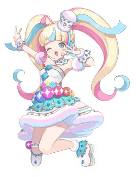 Rule 34 | 1girl, ;d, ahoge, blonde hair, blue dress, blue eyes, blue streaks, blunt bangs, commentary request, daia (pri chan), detached collar, double v, dress, full body, fur-trimmed dress, fur trim, hat, highres, jumping, kiratto pri chan, long hair, looking at viewer, mini hat, multicolored hair, one eye closed, open mouth, pink streaks, pretty series, sidelocks, simple background, smile, solo, strapless, strapless dress, streaked hair, twintails, v, v over eye, very long hair, white background, white dress, wrist cuffs, yunomikuchi