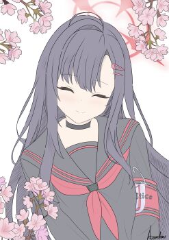 1girl ^_^ absurdres ahoge armband aurelia88 black_hair black_sailor_collar black_shirt blue_archive blunt_bangs cherry_blossoms closed_eyes closed_mouth commentary facing_viewer flat_color flower hair_ornament hairclip halo highres ichika_(blue_archive) long_hair long_sleeves neckerchief parallel_hairclips pink_flower red_armband red_halo red_neckerchief sailor_collar school_uniform serafuku shirt sidelocks signature simple_background single_hair_intake smile solo straight_hair upper_body very_long_hair white_background