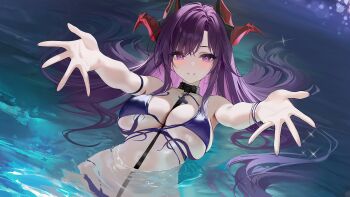 1girl afloat azur_lane bikini black_choker blue_bikini breasts choker game_asset highres large_breasts long_hair looking_at_viewer non-web_source official_art purple_eyes purple_hair reaching reaching_towards_viewer smile solo sparkle stomach string swimsuit u-2501_(azur_lane) u-2501_(treasure_behind_the_water_curtain)_(azur_lane) very_long_hair water