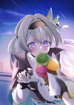 +_+ 2girls balcony black_hairband black_ribbon blue_pupils blush brown_jacket collared_shirt commentary_request firefly_(honkai:_star_rail) giving_food gradient_eyes grey_hair hair_between_eyes hair_intakes hair_ornament hair_ribbon hairband highres holding holding_ice_cream_cone honkai:_star_rail honkai_(series) ice_cream_cone jacket long_hair long_sleeves multicolored_eyes multiple_girls open_mouth ramune_(lamunepop) ribbon shirt shooting_star short_twintails sky star_(sky) starry_sky stelle_(honkai:_star_rail) trailblazer_(honkai:_star_rail) twintails white_shirt white_sleeves