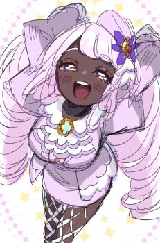 1girl absurdres arms_up dark-skinned_female dark_skin dress fascinator feet_out_of_frame fishnet_pantyhose fishnets from_above full_body half-closed_eyes highres jacinthe_(pokemon) light_blush looking_at_viewer low_drills nintendo open_mouth pantyhose pokemon pokemon_legends:_z-a purple_dress purple_eyes purple_hair smile solo sukoyaka_(100hituzi) teeth upper_teeth_only very_dark_skin