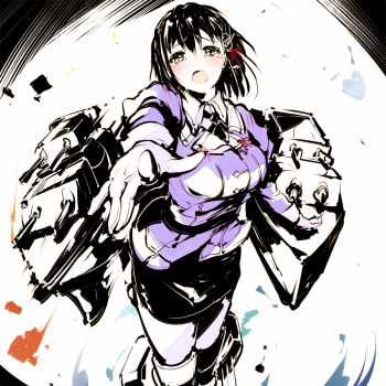 1girl black_hair black_skirt blush breasts commentary_request crying crying_with_eyes_open gloves haguro_(kancolle) haguro_kai_ni_(kancolle) hair_between_eyes hair_ornament jacket kantai_collection large_breasts long_sleeves looking_at_viewer open_mouth pantyhose pencil_skirt purple_jacket reaching reaching_towards_viewer short_hair simple_background skirt tears uekan white_gloves white_pantyhose