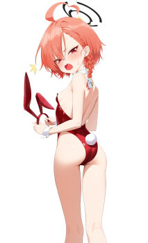1girl ^^^ absurdres ahoge animal_ear_hairband animal_ears ass asymmetrical_hair blue_archive braid breasts detached_collar fake_animal_ears fang feet_out_of_frame from_behind hairband highres huge_ahoge ju-ok leotard loli looking_at_viewer looking_back mole mole_under_each_eye mole_under_eye multiple_moles neru_(blue_archive) neru_(bunny)_(blue_archive) orange_hair playboy_bunny rabbit_ears rabbit_tail red_eyes red_leotard simple_background single_braid small_breasts solo strapless strapless_leotard tail unworn_fake_animal_ears white_background wrist_cuffs