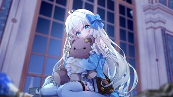 Rule 34 | 1girl, absurdres, ahoge, bare shoulders, blue bow, blue bowtie, blue dress, blue eyes, book, bow, bowtie, commentary request, cross-shaped pupils, dabi (15dldl15), dress, frilled dress, frills, hair bow, highres, holding, holding stuffed toy, indoors, korean commentary, long hair, long sleeves, night, sitting, sky, sleeves past wrists, solo, star (symbol), stargazer (company), stuffed animal, stuffed toy, symbol-shaped pupils, teddy bear, thighhighs, virtual youtuber, wariza, white hair, white thighhighs, window, yu chorin