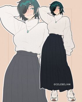 1girl arm_behind_head artist_name black_skirt blue_eyes blush celebelian chainsaw_man commentary earrings english_commentary eyepatch full_body green_hair grin highres himeno_(chainsaw_man) jewelry long_skirt necklace shoes short_hair skirt smile solo sweater turtleneck turtleneck_sweater twitter_username white_shoes white_sweater