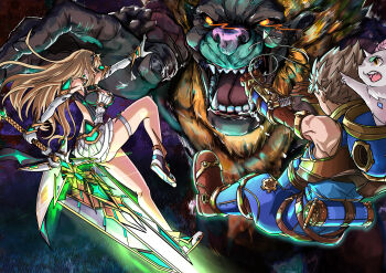 1boy 1girl absurdres azurda_(xenoblade) bare_shoulders battle blonde_hair blue_pants blue_vest breasts brown_hair chest_jewel cleavage cleavage_cutout clothing_cutout commentary_request core_crystal_(xenoblade) dress eye_trail glowing glowing_eyes highres holding holding_sword holding_weapon large_breasts light_trail long_hair microdress mythra_(xenoblade) pants rex_(xenoblade) short_hair sofusan1526 sword tiara vest weapon white_dress xenoblade_chronicles_(series) xenoblade_chronicles_2