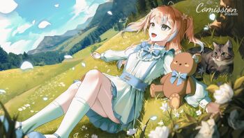 1girl :d ahoge animal blue_bow blue_bowtie blue_eyes blue_shoes blue_sky bow bowtie brown_hair cat cloud commentary commission day dress dutch_angle falling_petals forest full_body grey_cat hair_intakes hair_ornament hairclip heart heart_ahoge highres landscape long_hair long_sleeves lying mary_janes meadow mountainous_horizon multicolored_hair nature on_back on_ground open_mouth original outdoors outstretched_arms parallel_hairclips petals shoes short_dress sky smile socks solo spread_arms streaked_hair stuffed_animal stuffed_toy symbol-only_commentary teddy_bear teddy_bear_hair_ornament tree twitter_username two_side_up white_dress white_socks yulmu1005