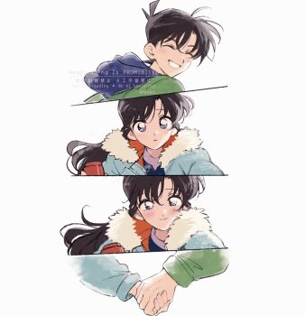 1boy 1girl ba_ko blue_jacket blush brown_hair closed_eyes couple cowlick fur-trimmed_jacket fur_trim green_jacket grin hair_between_eyes hetero highres holding_hands jacket kudou_shin'ichi light_blush light_smile long_hair looking_at_another meitantei_conan mouri_ran parted_lips short_hair smile teeth twitter_username white_background