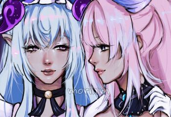 2girls artist_name black_choker blue_eyes blue_hair choker closed_mouth commentary crossed_bangs english_commentary genshin_impact hair_between_eyes lips long_hair looking_at_another morilxm multiple_girls nose pink_hair pointy_ears purple_eyes sangonomiya_kokomi smile watermark yumemizuki_mizuki