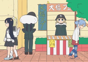 5girls absurdres bird black_gloves black_hair black_skirt blonde_hair blue_eyes blue_pantyhose blue_shoes brown_shoes bush chinese_commentary chito_(shoujo_shuumatsu_ryokou) city_(arawi_keiichi) closed_eyes closed_mouth coat combat_helmet commentary_request crossover cube_hair_ornament food food_on_head fried_egg full_body glasses gloves green_coat green_pants hair_ornament helmet highres long_hair long_sleeves looking_at_another looking_at_viewer military_uniform mochi multiple_crossover multiple_girls mushroom_on_head mushroomsucy naganohara_mio nichijou object_on_head open_mouth outdoors pants pantyhose plaid_clothes plaid_skirt red_skirt school_uniform serafuku shimeji_simulation shirt shoes short_hair shoujo_shuumatsu_ryokou skirt smile socks stahlhelm standing striped_clothes striped_pantyhose tsukishima_shijima two_side_up walking white_shirt white_socks yamashita_majime yuuri_(shoujo_shuumatsu_ryokou)