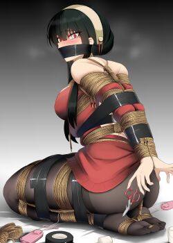 1girl absurdres arms_behind_back ass bagelbomb bdsm between_buttocks blush bondage bound breasts gag gagged highres improvised_gag large_breasts non-web_source rope shibari solo spy_x_family tape tape_bondage tape_gag taped_arms tied_up_(nonsexual) yor_briar