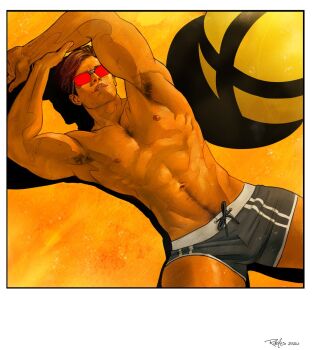 Rule 34 | 1boy, abs, armpit hair, armpits, bara, brown hair, chest hair, commentary, cyclops (x-men), english commentary, highres, lips, lying, male focus, male swimwear, marvel, muscular, muscular male, navel, navel hair, nick robles, nipples, on back, pectorals, red-tinted eyewear, short hair, signature, solo, swim briefs, tinted eyewear, topless male, x-men