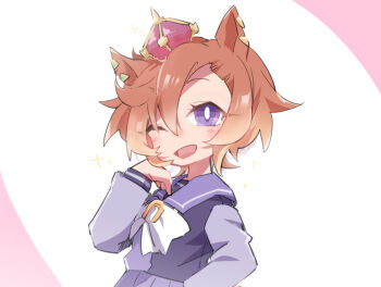 Rule 34 | 1girl, ;d, animal ears, beer hsk, blush, bow, brown hair, crown, hair between eyes, hand up, horse ears, long sleeves, looking at viewer, mini crown, one eye closed, open mouth, pink background, pleated skirt, puffy long sleeves, puffy sleeves, purple eyes, purple shirt, purple skirt, school uniform, shirt, skirt, smile, solo, sparkle, t.m. opera o (umamusume), tracen school uniform, two-tone background, umamusume, white background, white bow