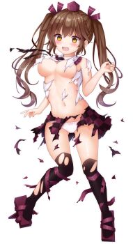 1girl black_thighhighs blush breasts brown_eyes brown_hair checkered_clothes checkered_skirt full_body geta hair_between_eyes hat highres himekaidou_hatate long_hair medium_breasts navel open_mouth panties purple_hat shirt simple_background skirt solo suigetsu_(watermoon-910) tengu-geta thighhighs tokin_hat torn_clothes torn_shirt torn_skirt torn_thighhighs touhou twintails underwear white_background white_panties white_shirt