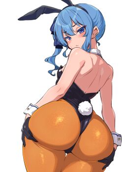 1girl alternate_costume animal_ears ass back bare_back bare_shoulders black_gloves blue_eyes blue_hair blue_ribbon commentary_request fake_animal_ears fake_tail from_behind gloves hair_ribbon highres hololive hoshimachi_suisei looking_at_viewer looking_back medium_hair orange_pantyhose pantyhose playboy_bunny rabbit_ears rabbit_tail ribbon sakanaya_(sakanaya952) side_ponytail simple_background solo tail virtual_youtuber white_background