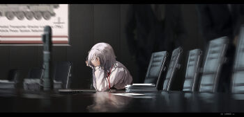 2boys animal_ears chair computer formal_clothes frustrated haguruma_c hand_on_own_face highres id_card indoors jacket laptop letterboxed missile_vehicle model multiple_boys office office_chair original out_of_frame paper shirt short_hair suit suit_jacket swivel_chair table transporter_erector_launcher upper_body white_hair white_shirt